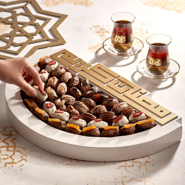 Elegant Wooden Tray  “50 cm “ ( Belgian Chocolate Medjool Dates Different Flavors ) “43 pieces “