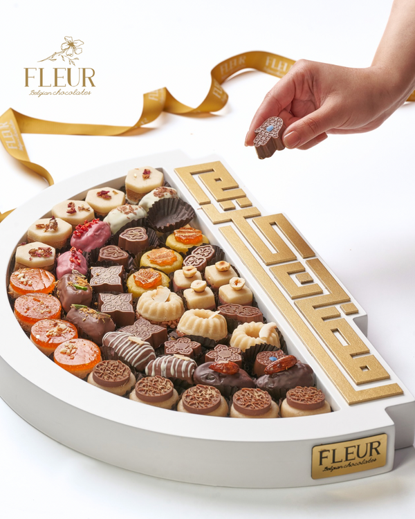 Elegant Wooden Tray “50 cm “ ( Belgian Chocolate Dates . Chocolates and Marzipan Delights )  “45 pieces