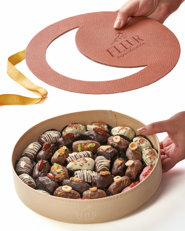 Luxurious Leather Box Belgian Chocolate Medjool Dates 7 flavors 36 pieces