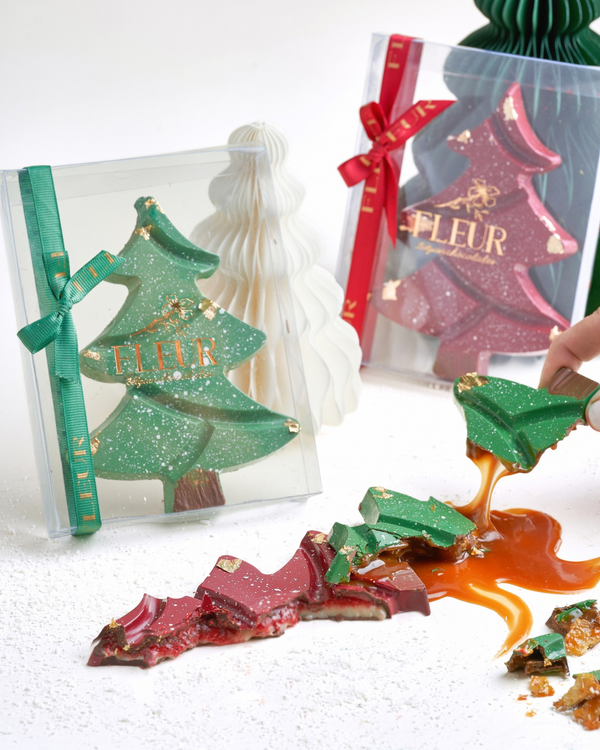 Colored Belgian Chocolate Tree bar with caramel and wafers