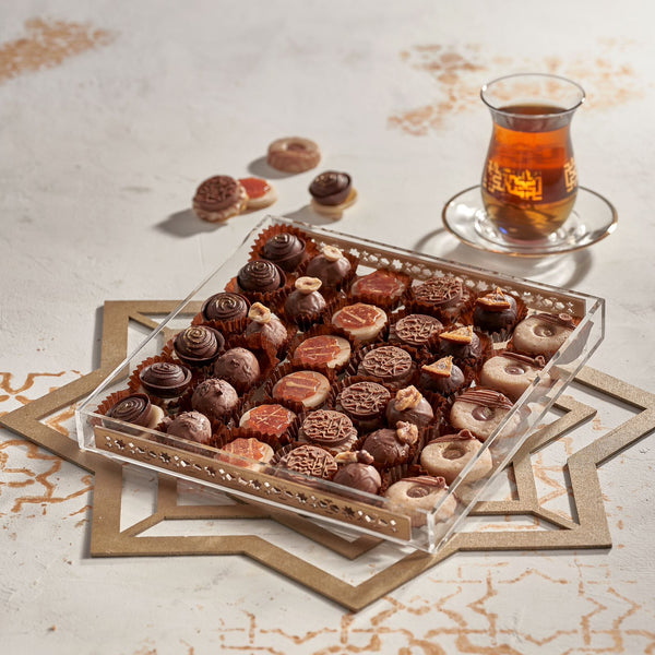 Acrylic Tray Ramadan Design ( Marzipan Collection and Medjool Dates Truffles ) “35 pieces “