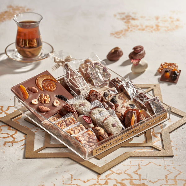 Acrylic Tray Ramadan Design ( Marzipan - Belgian Chocolate Medjool Dates - Turkish Delights - lantern Chocolate Cookie- Bar with name or logo ) “27 pieces “